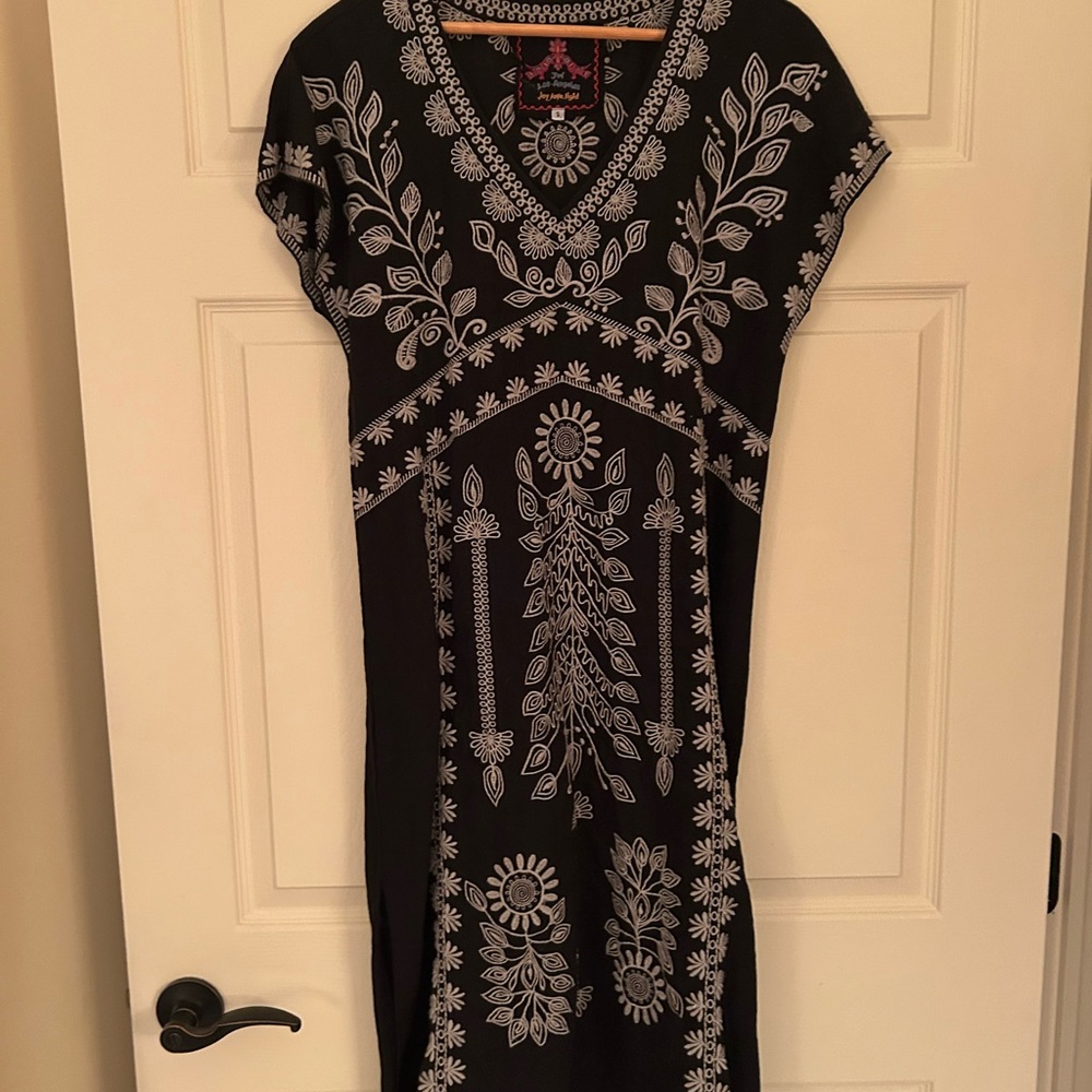 Johnny Was linen Black Dress with White Embroidery